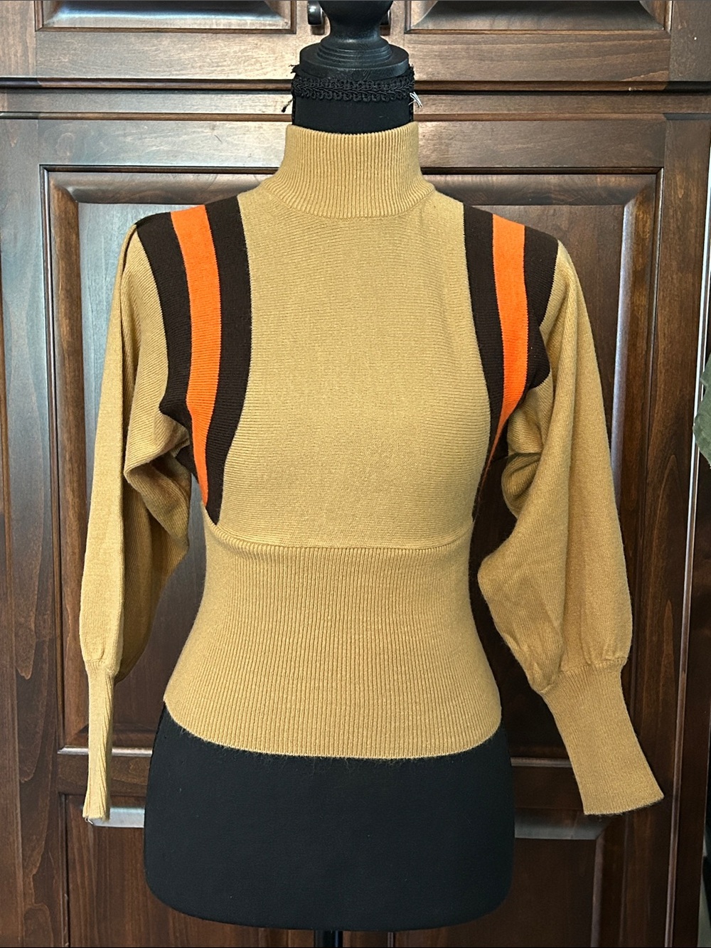 1970’s Sz XS Mock-Neck Pullover Sweater in Camel with Orange & Blk Stripes